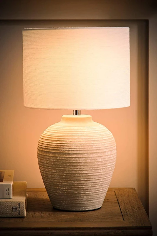 Image of ValueLights ValueLights Reid Linen Drum Lamp Shade Stone Grey Ribbed Ceramic Table Lamp with LED Bulb Size: Large Grey Large Unisex 5059406066344