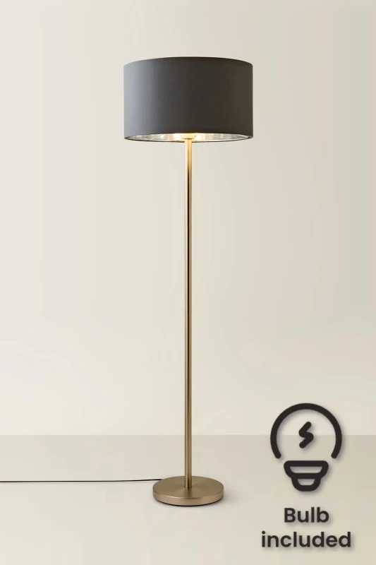 Image of ValueLights ValueLights Charlie Chrome Stem Floor Lamp with Fabric Drum with Chrome Inner Shade & Bulb in Charcoal Charcoal One Size Unisex 5059406060