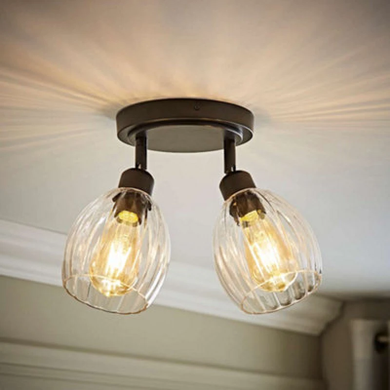 Image of ValueLights ValueLights Cheltenham 2 Way Ribbed Glass Adjustable Spotlight Flush Ceiling Light in Black One Size Unisex 5016529274605