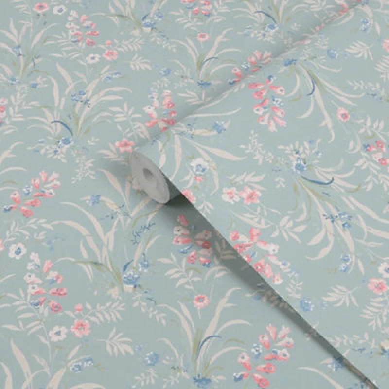 Image of Laura Ashley Duck Egg & Pink Mosedale Posy Smooth Wallpaper