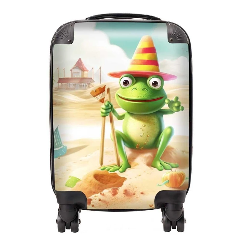 Image of Warren Reed - Designer Happy Frog On A Beach Holiday Suitcase in Yellow Size: Medium Yellow Unisex Medium