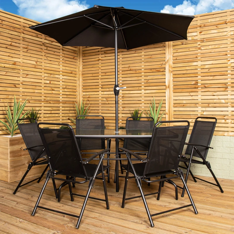 Image of Samuel Alexander Outdoor 6 Seater Glass Top Table and Chairs Patio Set with Parasol in Black