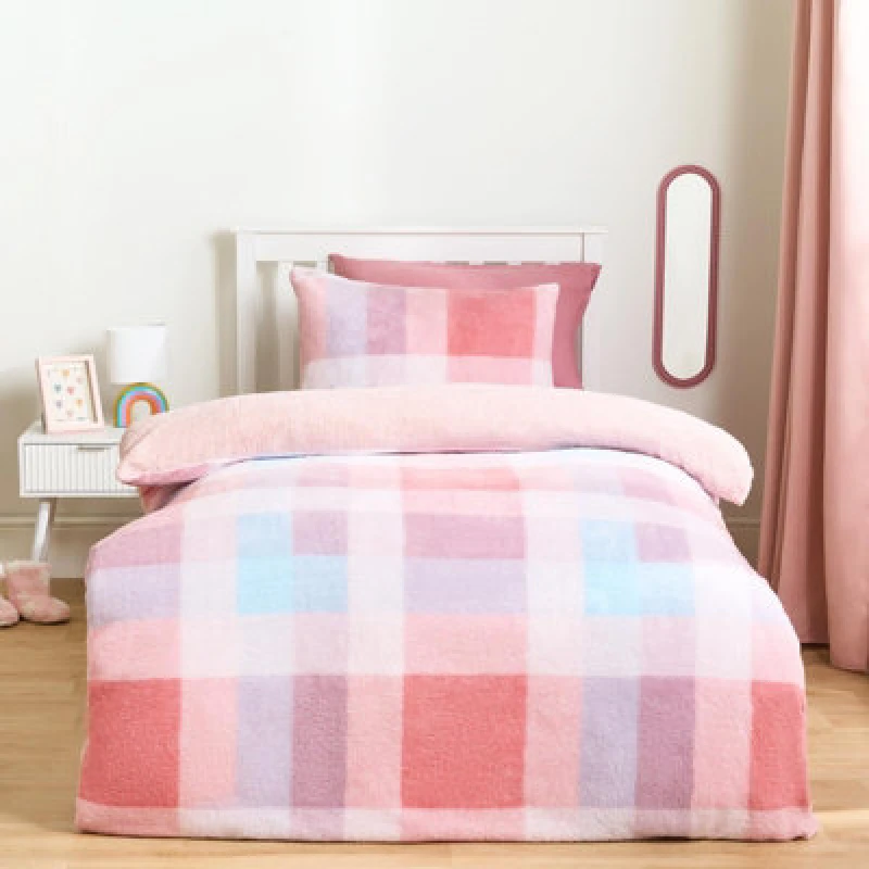Image of OHS OHS Patchwork Check Sherpa Reversible Thermal Duvet Bedding Set Size: Single Multi Single Unisex 5027434223008
