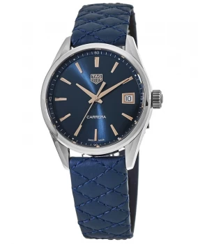Image of Tag Heuer Carrera Quartz Blue Dial Quilted Leather Strap Womens Watch WBK1312.FC8259 WBK1312.FC8259