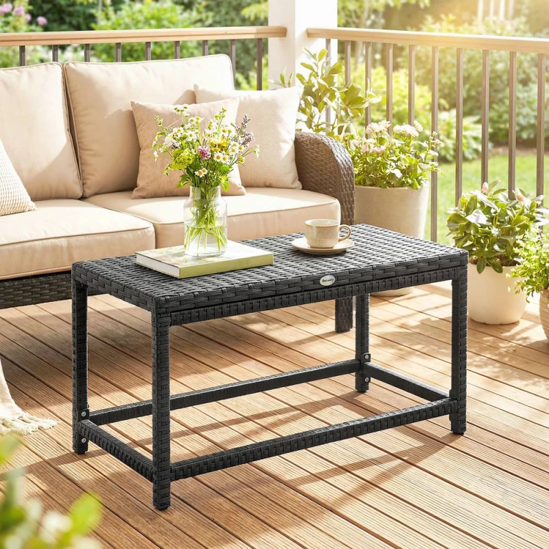 Image of Outsunny Outdoor Coffee Table, Pe Rattan Side Table W/ Plastic Board, Black