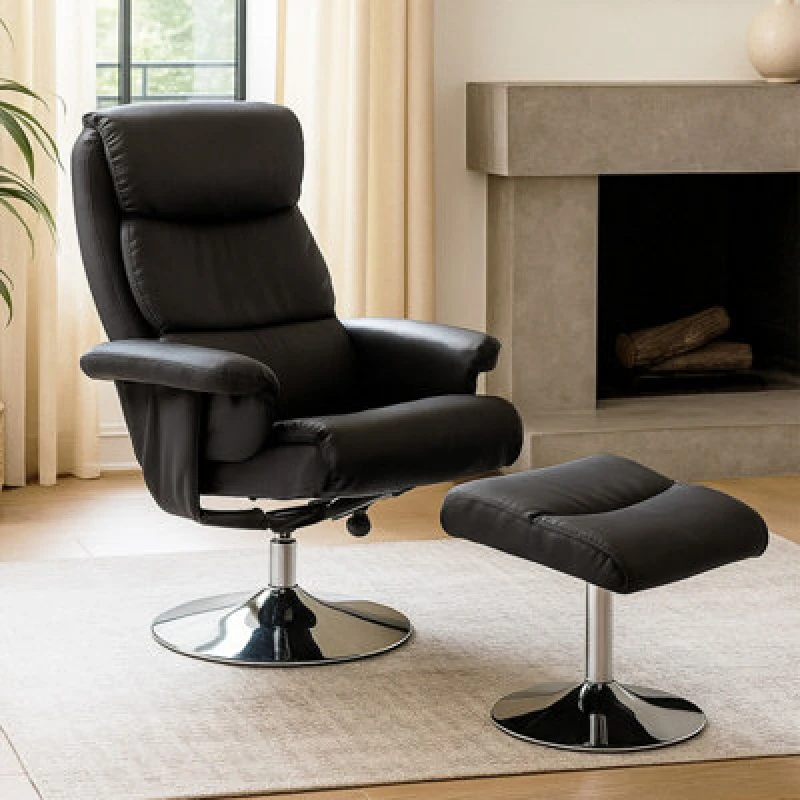 Image of Orsina Luxurious Black Leather Effect Reclining Chair And Footstool, Easy To Clean Leather Chair, Comfy Footstool
