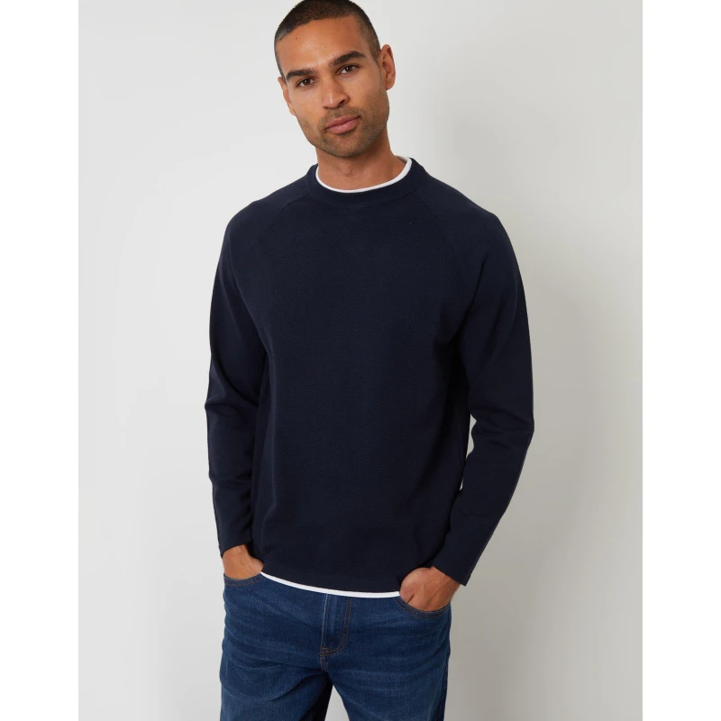 Image of Threadbare Threadbare Men Mock Tee Textured Knit Crew Neck Jumper in Navy Size: Small Navy S Male 7625915187689