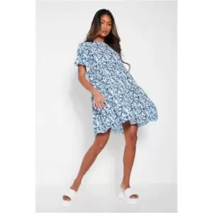 Image of I Saw It First Baby Blue Leopard Print Frill Sleeve Smock Dress - Blue