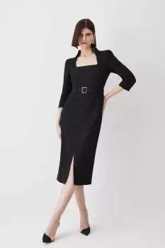 Image of Structured Crepe Square Neck Split Front Midi Dress