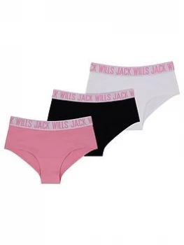 Image of Jack Wills Girls 3 Pack Boxed Bikini Briefs - Pink/Black/White, Multi, Size Age: 8-9 Years, Women