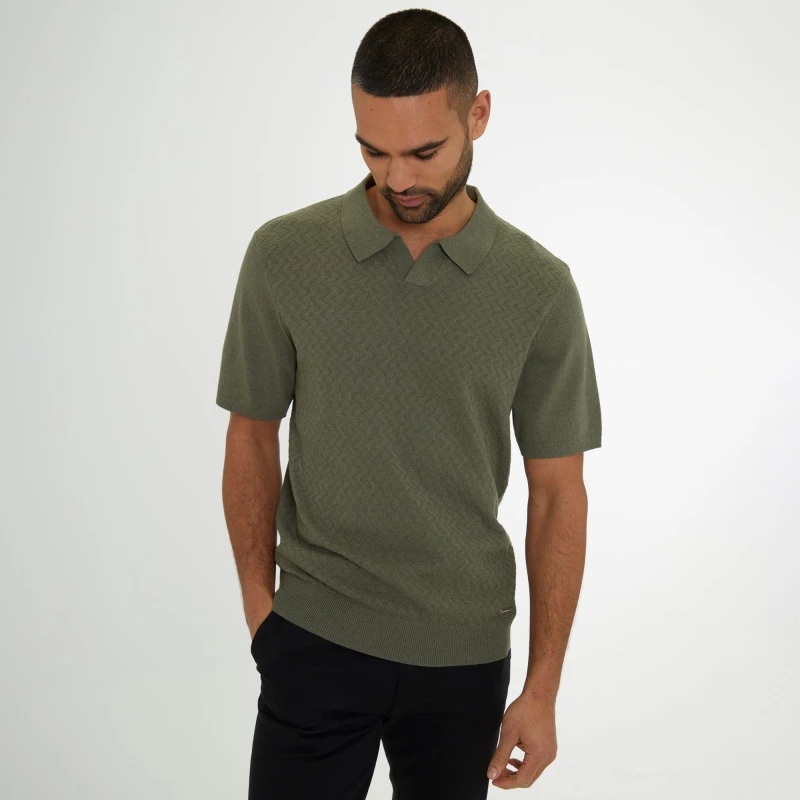 Image of Threadbare Textured Front Short Sleeve Trophy Neck Knitted Polo Dark Olive