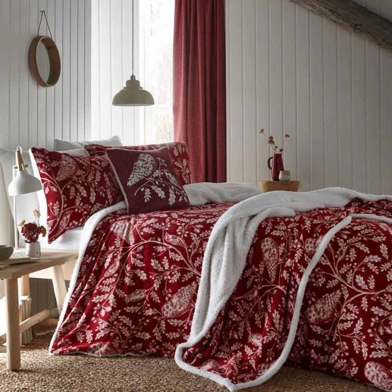 Image of Dreams and Drapes Woodland Owls Fleece Duvet Cover Set Red unisex King