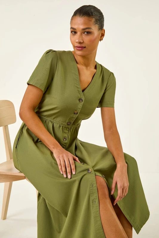 Image of Roman Womens Denim Button Through Midi Dress in Khaki Size: 14 Khaki Female 14