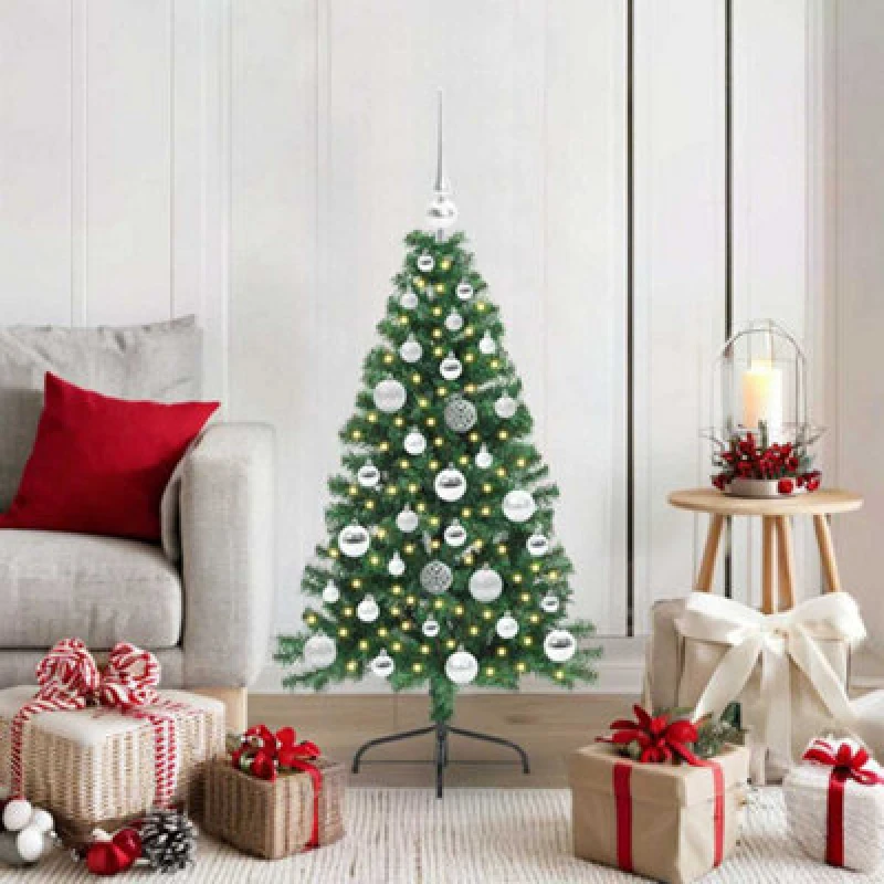 Image of vidaXL Artificial Pre-lit Christmas Tree with Silver Balls Green 120cm PVC, Green 3396994