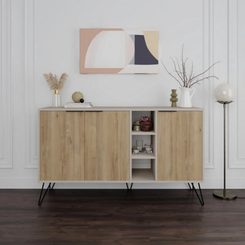 Image of Decortie Clara Sideboard Cabinet Modern Storage Shelves Hairpin Legs Sandstone, Oak 142Cm