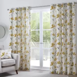 Image of Dacey Contemporary Floral Print 100% Cotton Eyelet Lined Curtains, Ochre, 46 x 54" - Fusion