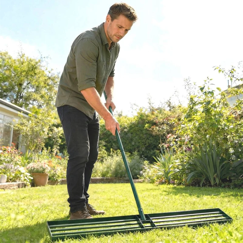 Image of OUTSUNNY 113 x 26cm Lawn Levelling Rake with 169cm Handle in Green Green Unisex 113 x 26 cm