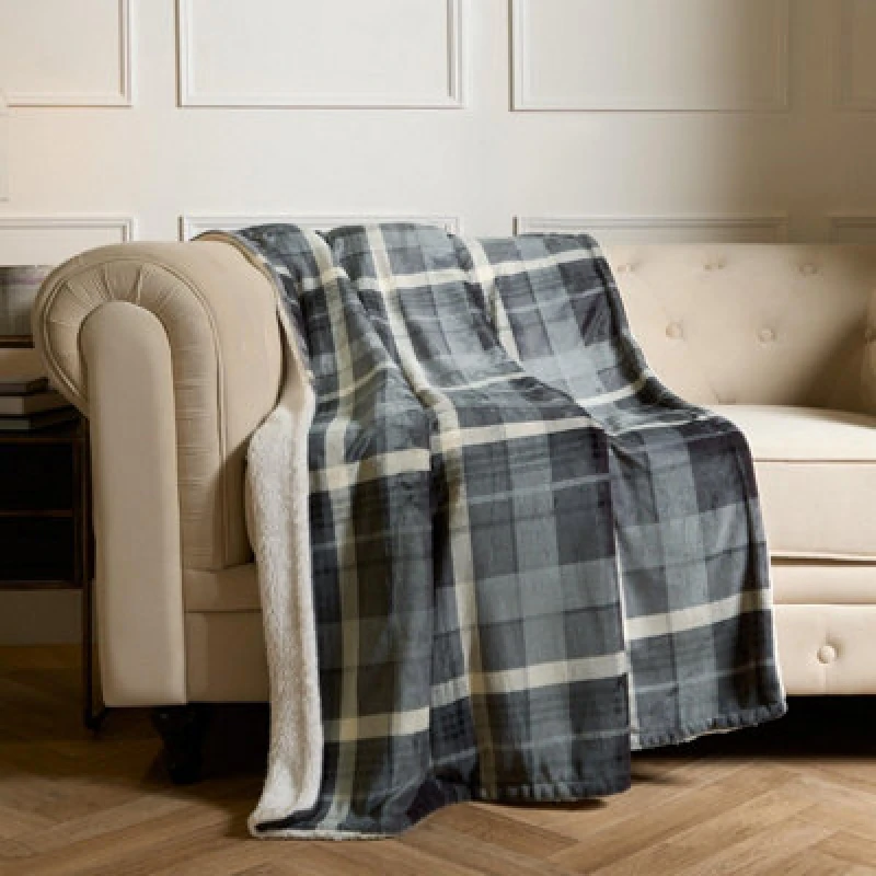 Image of OHS OHS Flannel Check Sherpa Fleece Soft Warm Throw in Charcoal Size: 130cm x 160cm Charcoal 130cm x 160cm Unisex 5027434192328