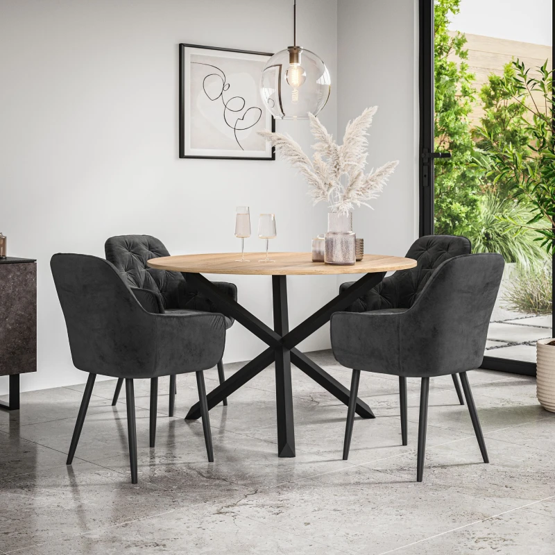 Image of More4Homes Malvern Round Dining Table And Chairs - Oak Table Top W Solid Black Oak Legs + Anika Velvet Dining Chair Set Of 4 (Black)