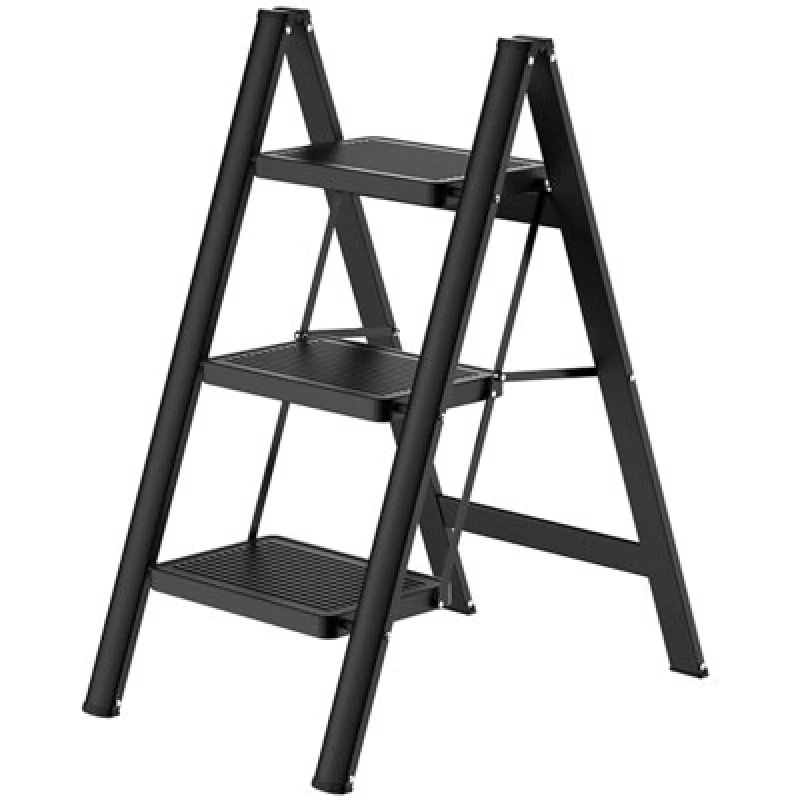 Image of Gr8 Home Black 3 Step Ladder Folding Metal Non Slip Stool Heavy Duty Carbon Steel