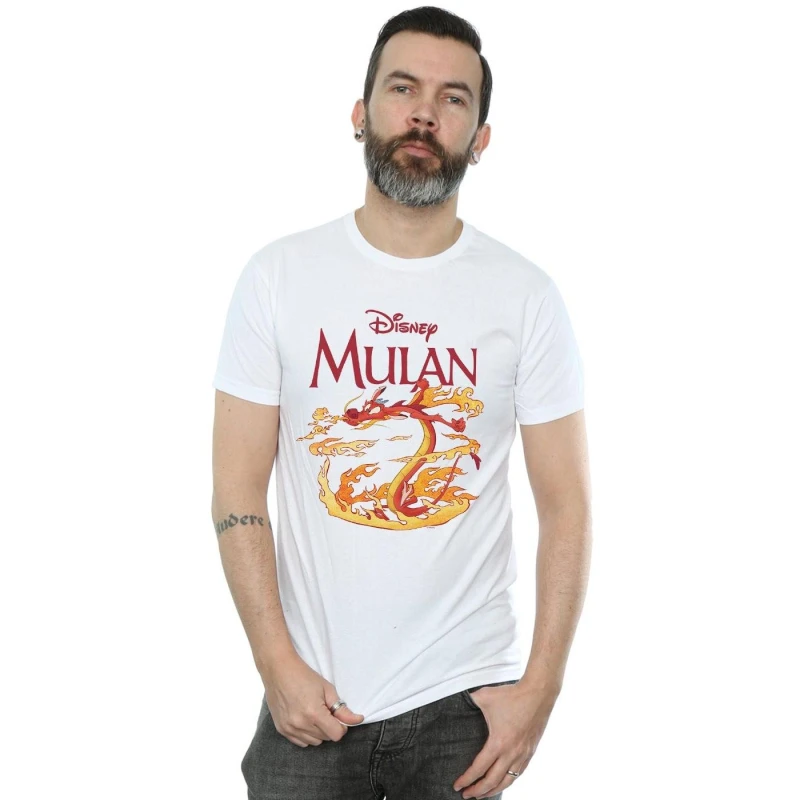 Image of Disney Men Mulan Mushu Dragon Fire T-Shirt in White Size: Small White S Male 5059400757279