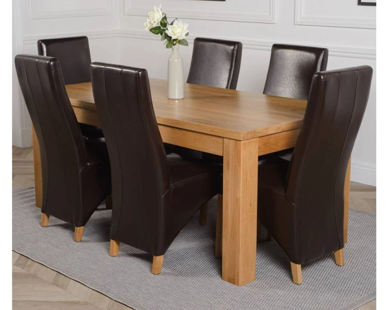 Image of Thats Furniture Dakot 182 x 92cm Oak Large Dining Table & 6 Lola Leather Chairs in Brown Size: 182 x 92cm Brown Unisex 182 x 92 cm