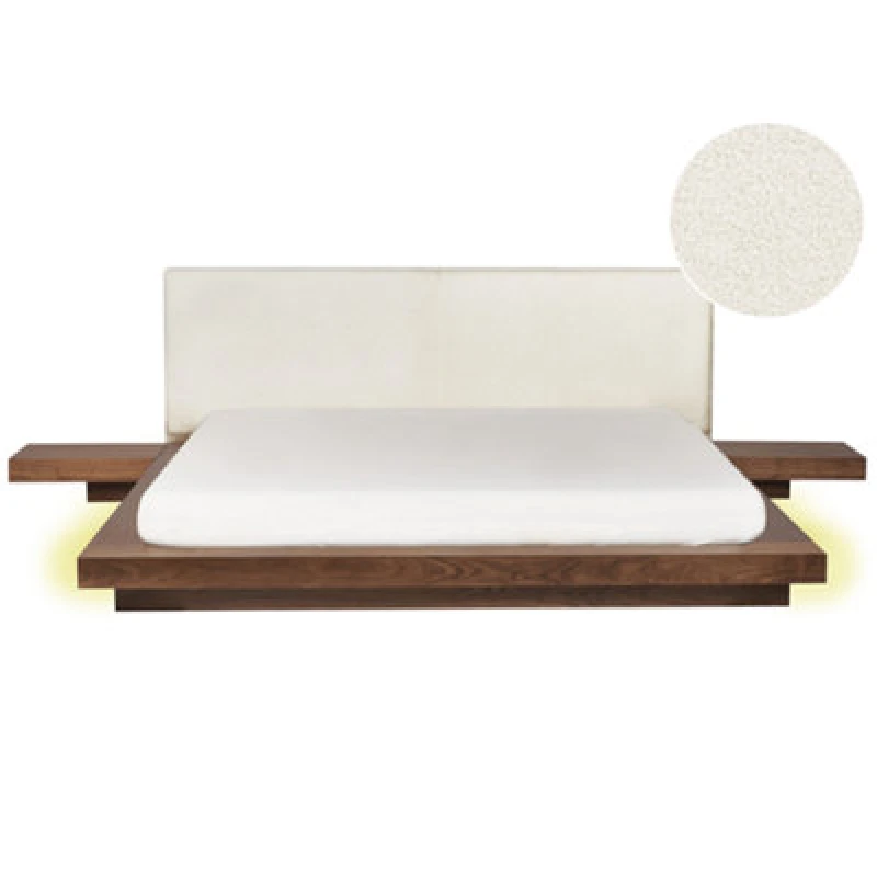 Image of Beliani Bed With LED Boucle Zen 180 X 200 Cm (Eu Super King) LED Brown Ash Wood