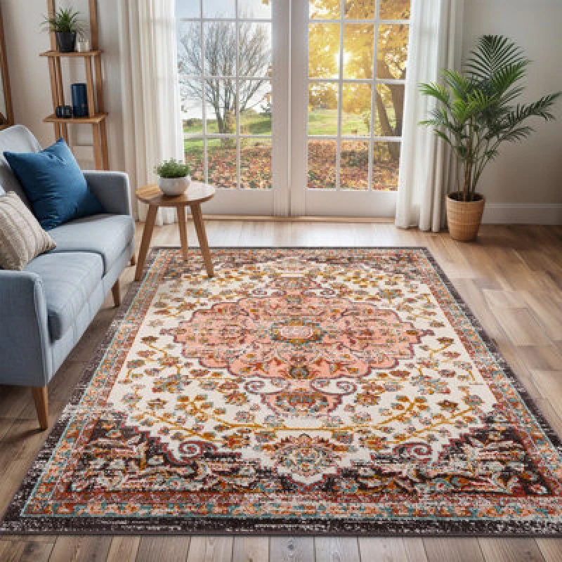 Image of Livabliss Vintage Oriental Boho Brick Celia Area Rug 200 X 275cm - Easy Care, Non Shedding, Ideal For Living Room & Bedroom