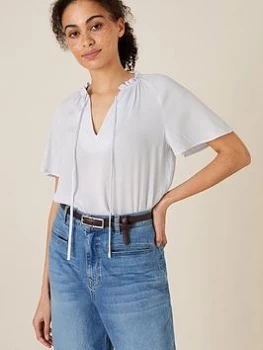 Image of Monsoon Gathered Neck Short Sleeve Top - Grey, Size S, Women