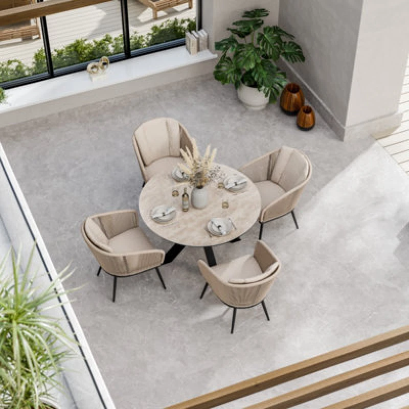 Image of Royalcraft Bali 120Cm Round Ceramic Table With 4 Bali Rope Chairs