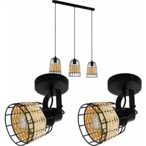 Image of Ceiling Spot Light & 2x Matching Wall Lights Black Wire & Wicker Wood Shade