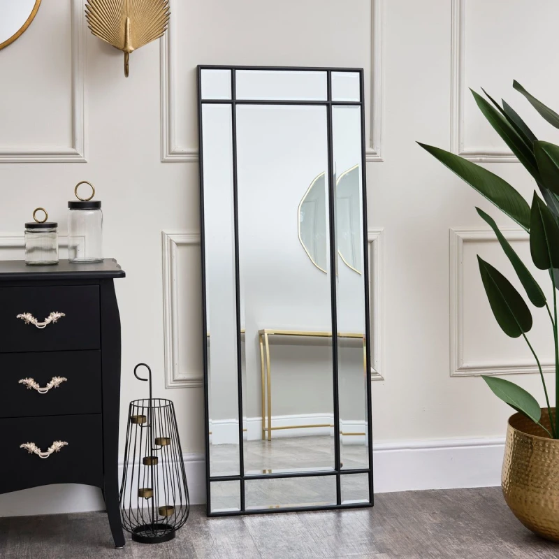 Image of Melody Maison Black Framed Art Deco Wall / Leaner Mirror 142cm X 54cm Black