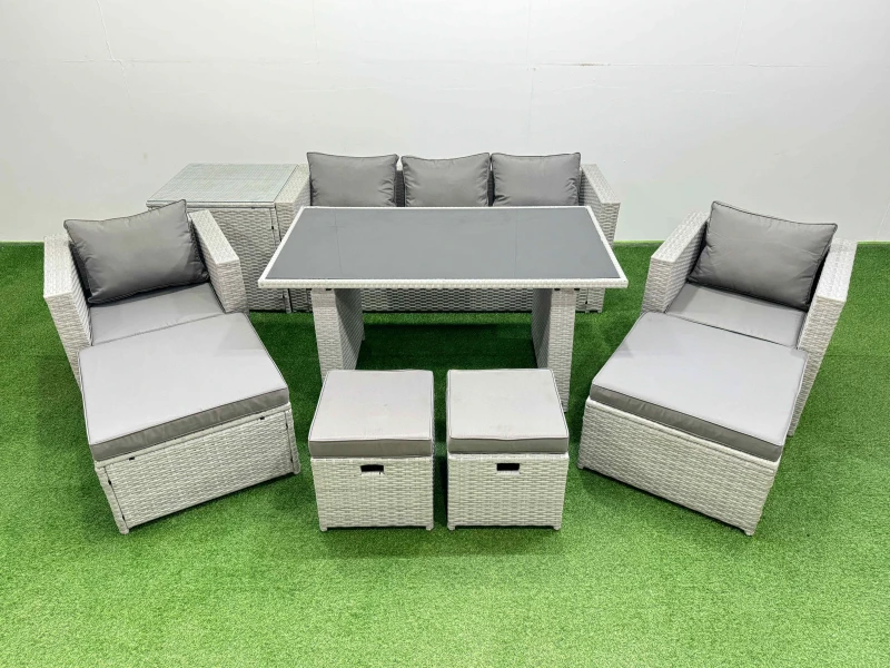 Image of Fimous Patio Garden Furniture Sets With Black Glass Top Dining Table Armchair 3 Seater Sofa Side Table 4 Stools Light Grey