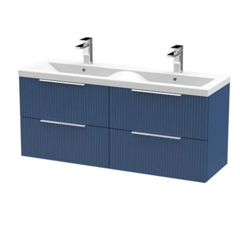 Image of Hudson Reed Fluted Wall Hung 4-Drawer Vanity And Double Ceramic Basin, Premium Sink Vanity Unit, Satin Bluemm