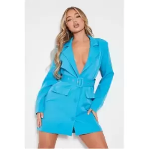 Image of I Saw It First Blue Woven Belted Blazer Dress - Blue