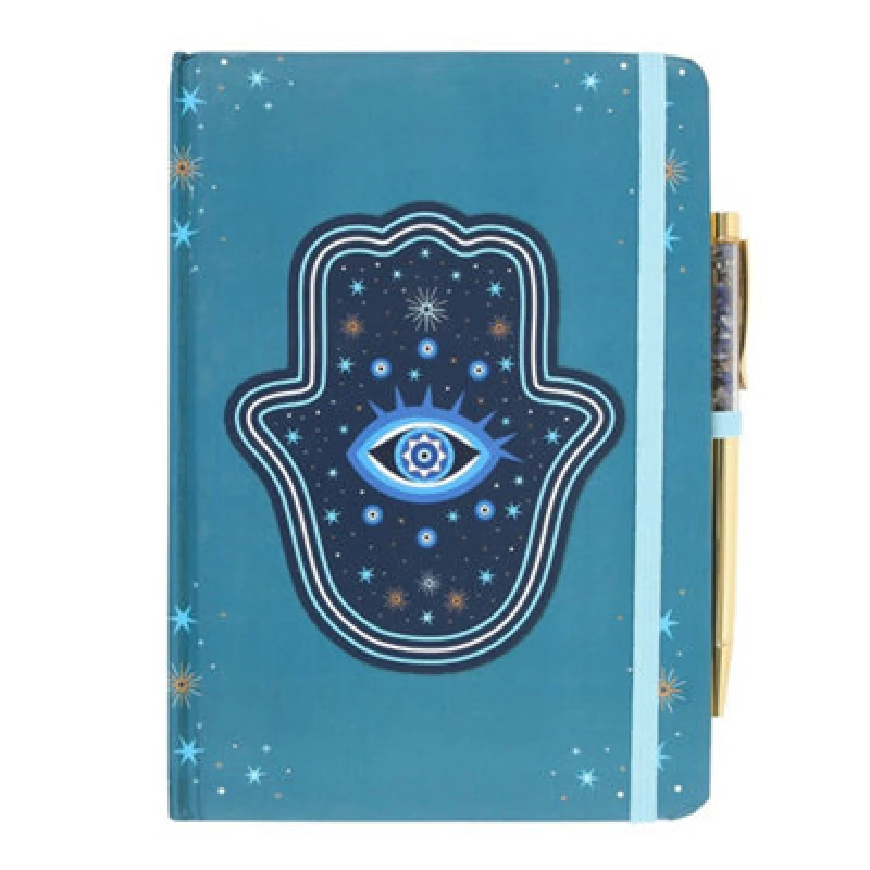 Image of Something Different Something Different Hand of Hamsa Crystal Chips A5 Notebook with Pen in Light Blue Light Blue One Size Unisex 5063806402466