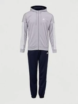 Image of Adidas 3 Stripe Hooded Tracksuit - Grey/Navy