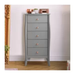 Image of Grey 5 Drawer Narrow Chest of Drawers - Tallboy Dresser Clothes Cabinet - Vintage Baroque Style with Rose Gold Handles -For Bedroom, Living Room,