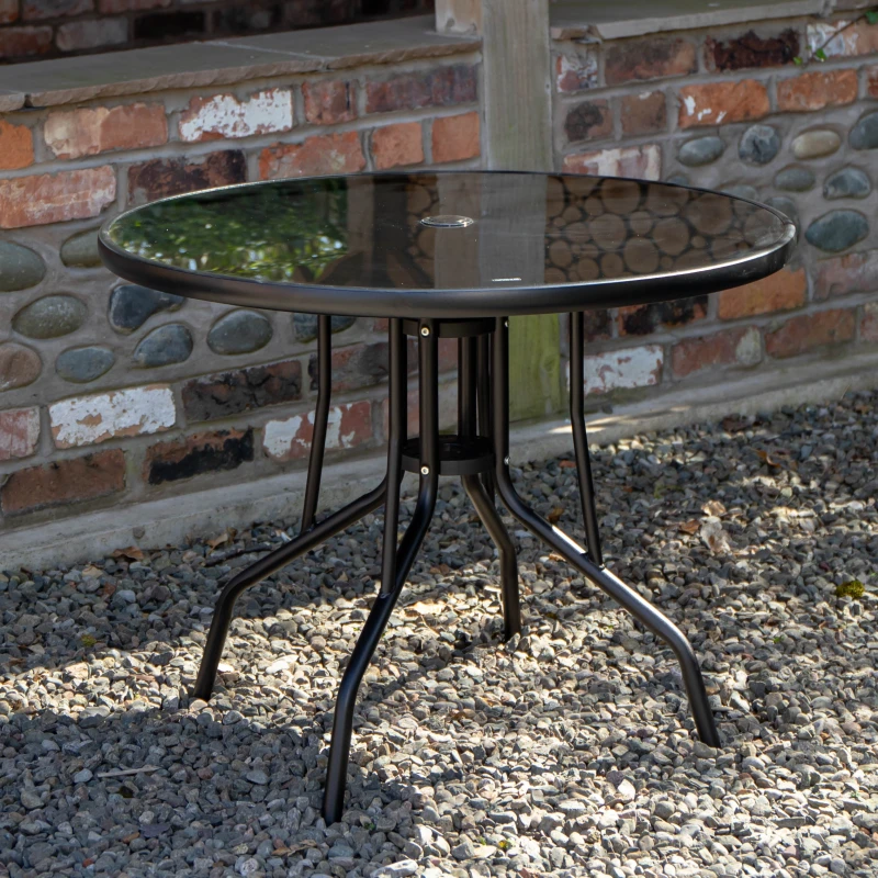 Image of 4 Person Round Black Garden Patio Table with Glass Top & Parasol Hole