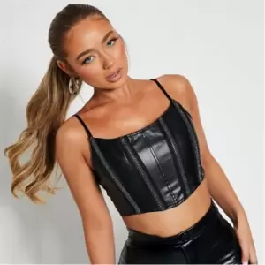 Image of I Saw It First Faux Leather Diamante Trim Corset Top - Black