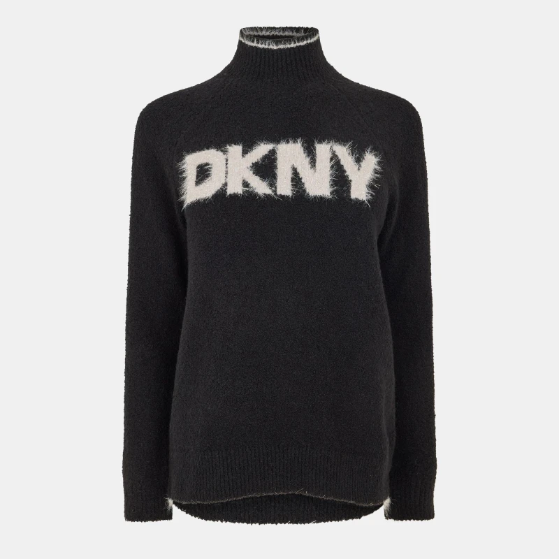 Image of DKNY Womens Tinsel Logo Knitted Crew Neck Jumper Black/White female 8 (XS)