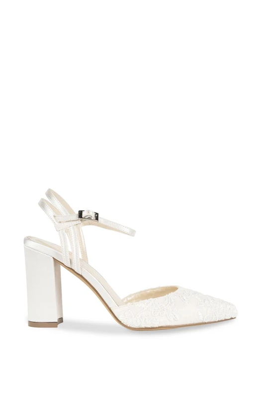 Image of Paradox London Womens Satin & Lace 'Fauna' High Block Heel Court Shoes in Ivory Size: 4 Ivory Female 4