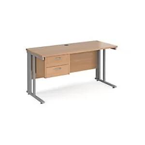 Image of Rectangular Straight Desk Beech Wood Cable Managed Legs Silver Maestro 25 1400 x 600 x 725mm 2 Drawer Pedestal