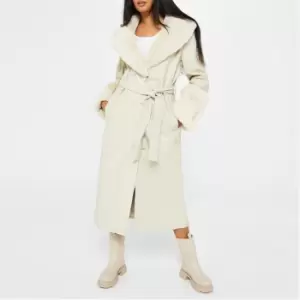 Image of Missguided Petite Faux Leather Contrast Trim Trench Coat - Cream