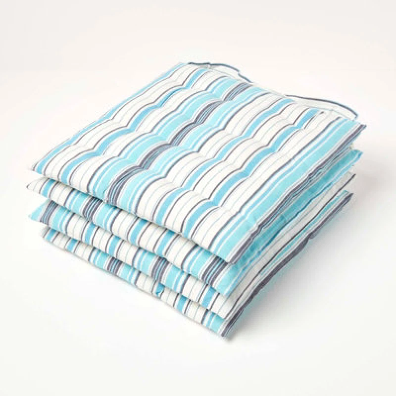 Image of Homescapes New England Stripe Seat Pad with Button Straps 40 x 40cm Set of 4 Blue