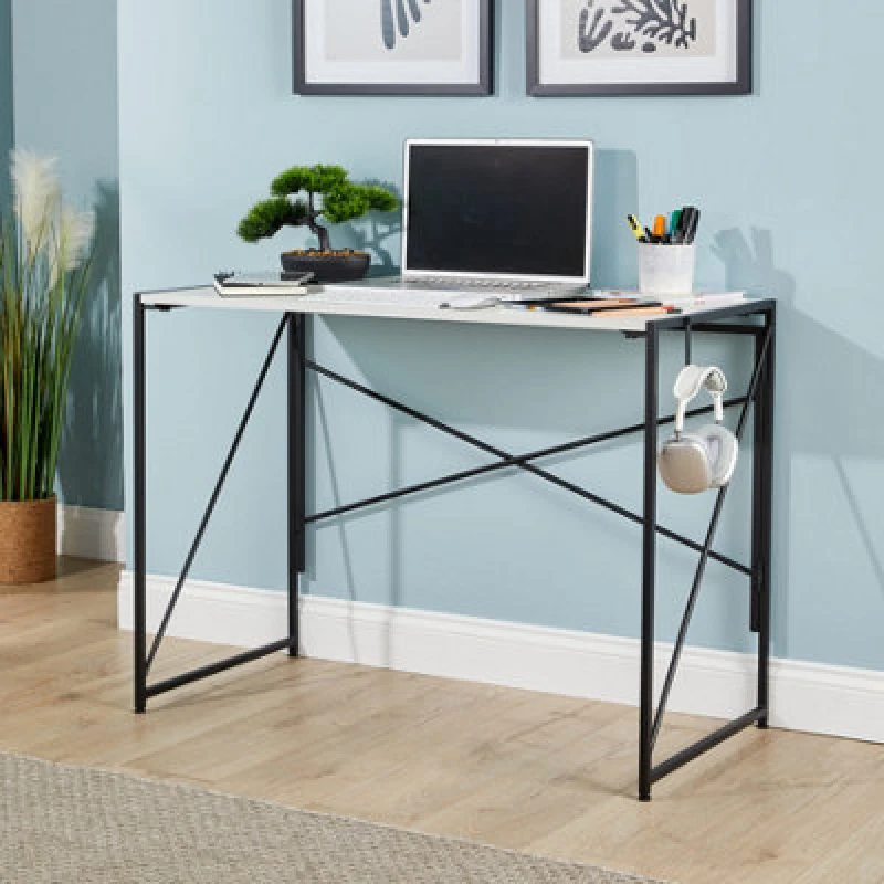 Image of Home Source Brampton Folding White Compact Desk Storage Hook Wood And Metal Home Office Workstation