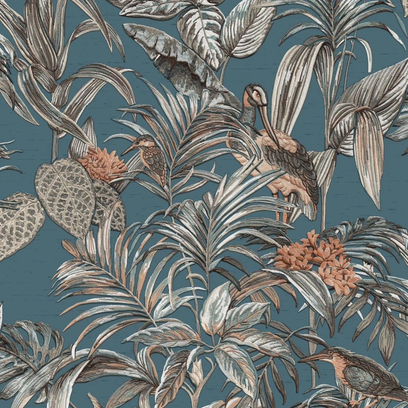 Image of DUTCH WALLCOVERINGS Dutch Wallcoverings - Teal Tropical Wallpaper Birds Palm Textured Blue Cream Paste the Wall Vinyl 8809660031728