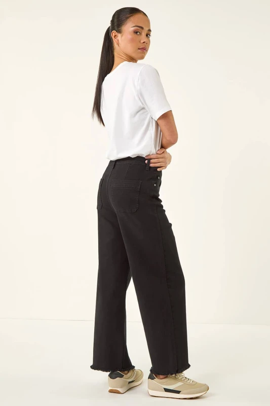 Image of Roman Womens Petite Cotton Frayed Hem Trouser in Black Size: 14 Black Female 14