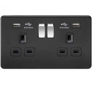 Image of KnightsBridge 2G 13A Matt Black 2G Switched Socket with Dual 5V USB Charger Ports - Black Insert