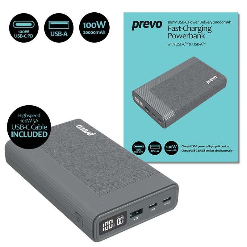 Image of PREVO Prevo Portable Fast-Charging Powerbank with Digital Display, Dual USB-C & USB-A with 100W USB-C Cable Included for Laptops, Ultrabooks, Chromebo